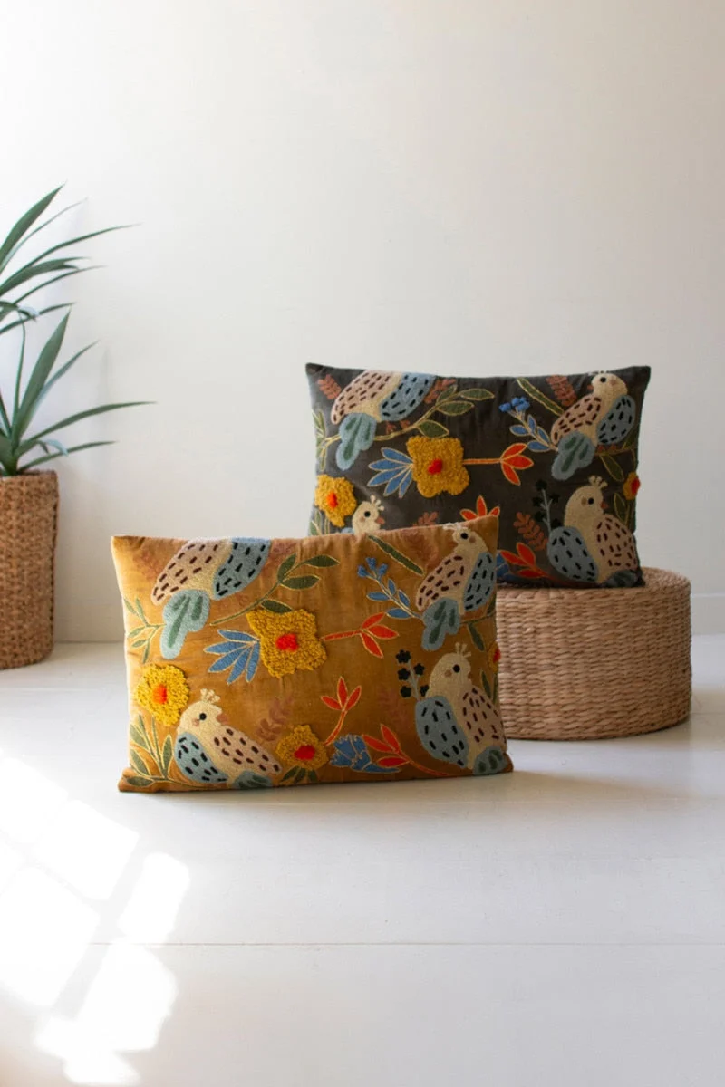 Decorative Bird Embroidery Pillows – Set of 2 – 15" Tall by Kalalou