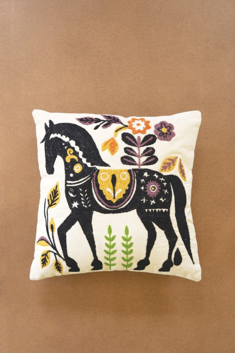 Embroidered Horse Pillow 20" Tall Farmhouse Accent Cushion by Kalalou