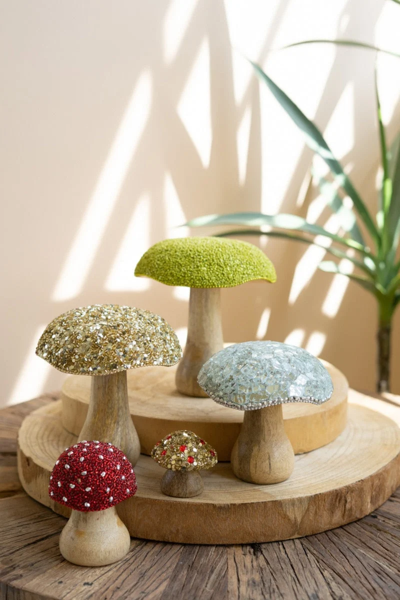 Decorative Mushroom Set with Mosaic Tops – Five Pieces, 5.5" Tall by Kalalou