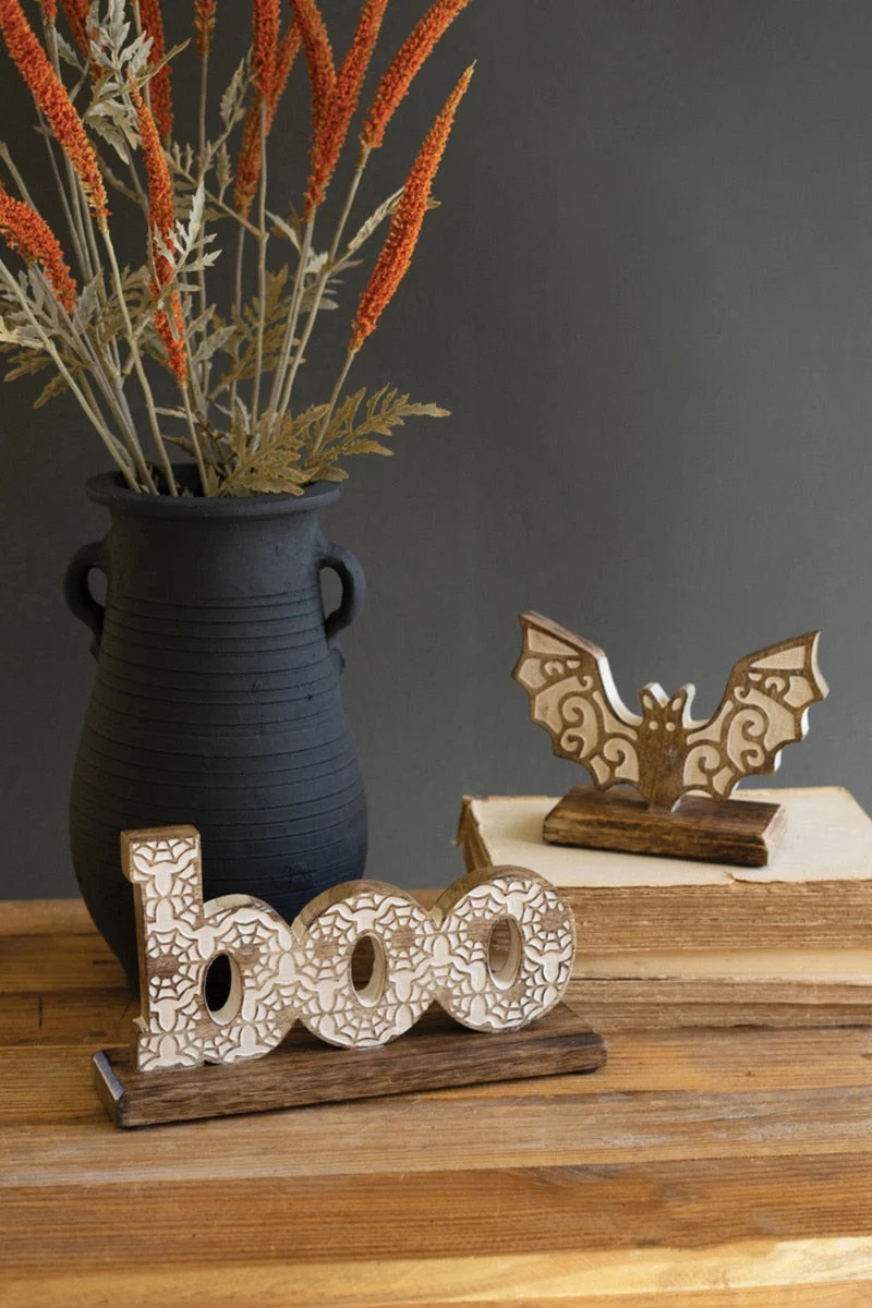 Wooden Halloween Boo and Bat Figurines Set of 2 – 5.25" Height by Kalalou