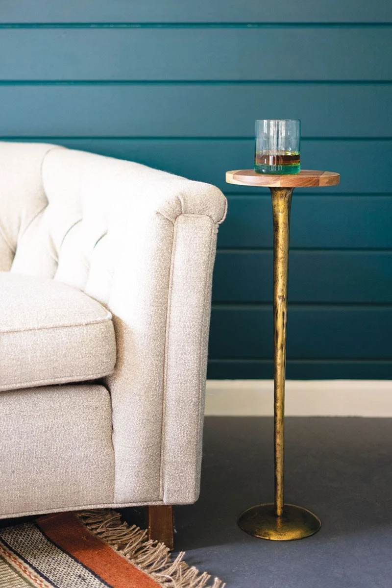 Antique Brass Cocktail Accent Table with Acacia Wood Top 25.5"Tall by Kalalou