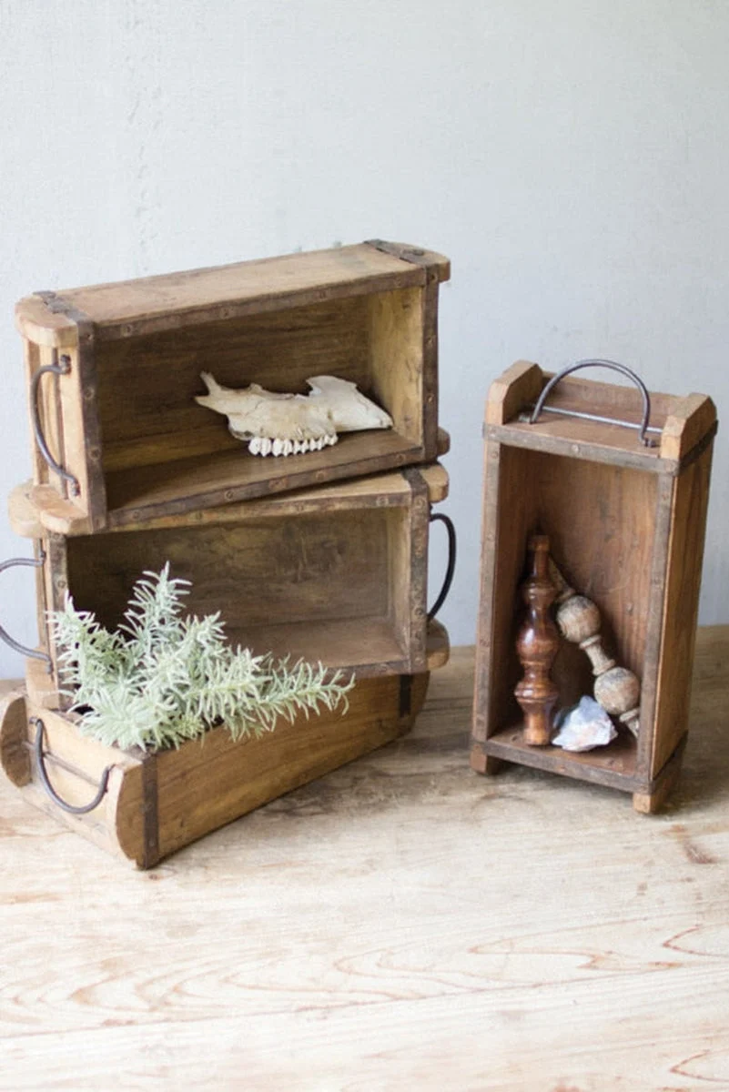 Wooden Brick Mold with Iron Handles – 12"L Distressed Vintage Storage Box for Shelves and Displays, Set of 4 by Kalalou