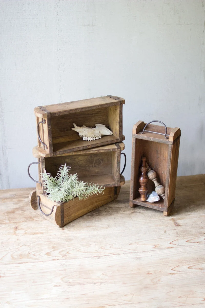 Wooden Brick Mold with Iron Handles – 12"L Distressed Vintage Storage Box for Shelves and Displays by Kalalou