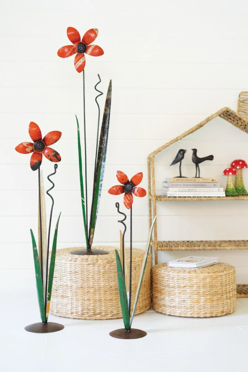 Metal Flower Sculptures 37" Tall – Recycled Iron Decorative Floral Set of 3 by Kalalou
