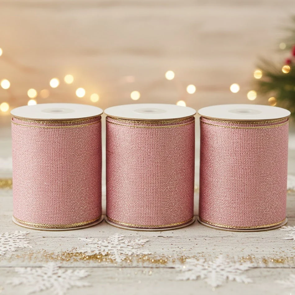 Christmas Wired Polyester Ribbon – Pink Shimmer, 5 Yard Set of 3 by Melrose